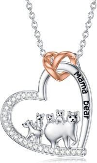 wholesale 925 Sterling Silver Mama Bear Family Pendant Necklace - Heart-Shaped Charm w/ Cub Design-Mama Bear with 4 Cubs-Mama Bear with 4 Cubs