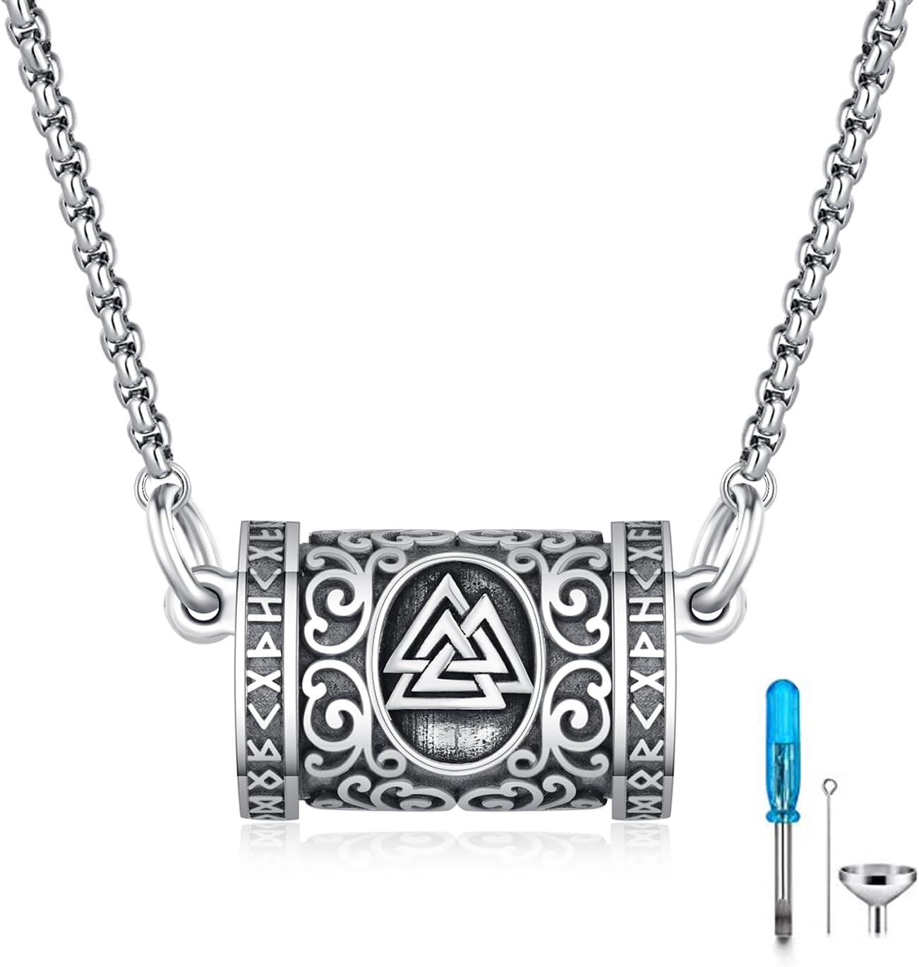 Sterling Silver Bullet Hourglass Cylinder Urn Cremation Keepsake Pendant-08-Viking Urn