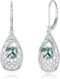 wholesale 925 Sterling Silver Teardrop Green Moss Agate Bohemian Filigree Dangle Earrings Gift for Her-0-0