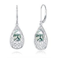 wholesale 925 Sterling Silver Teardrop Green Moss Agate Bohemian Filigree Dangle Earrings Gift for Her-style 5