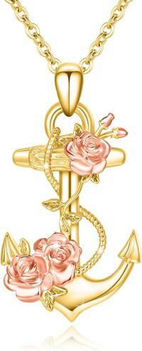 wholesale 925 Sterling Silver Anchor Pendant Necklace with Rose Charm s for Women-Gold