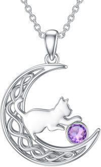 wholesale Sterling Silver Birthstone Cat in Moon Pendant Necklace for Women-February