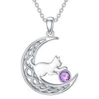 wholesale 925 Sterling Silver Cat And Moon Necklace Wholesale With Ruby Charm-February