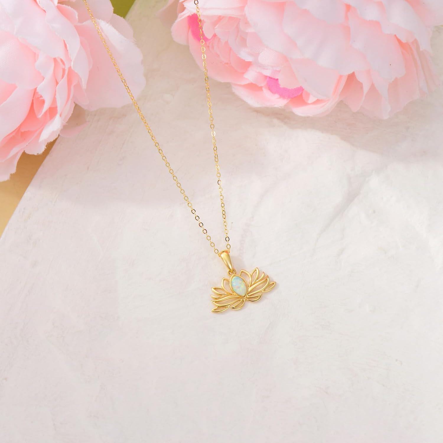14K Gold Opal White Lotus Necklace 14K Yellow Gold Dainty Opal Lotus Pendant Bridal Jewelry-0-4