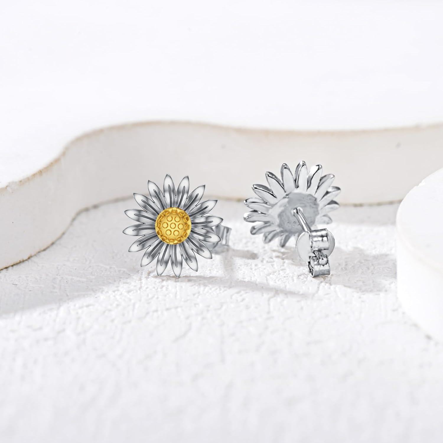 Sterling Silver Crystal Sunflower Stud Earrings Two Tone You Are My Sunshine Gift for Women Mom-0-1
