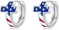 wholesale 925 Sterling Silver American Flag Cross Huggie Hoop Earrings for Women Girls USA Patriotic  4th of July Independence Day Accessories-American Flag Cross
