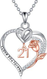 wholesale 925 Sterling Silver 21st Birthday Necklace Heart Rose Flower Pendant for Women Mothers Day Christmas Gifts-21th