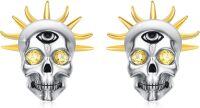 wholesale 925 Sterling Silver Pirate Skull Stud Earrings with Yellow CZ Eyes and Gold Spikes - Gothic  for Men & Women-Sun Skull