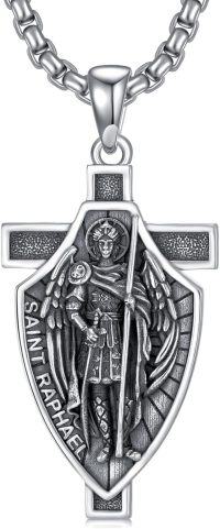 wholesale 925 Sterling Silver Saint Raphael Shield Cross Necklace Pendant for Men Women  48cm Chain Length-St Raphael