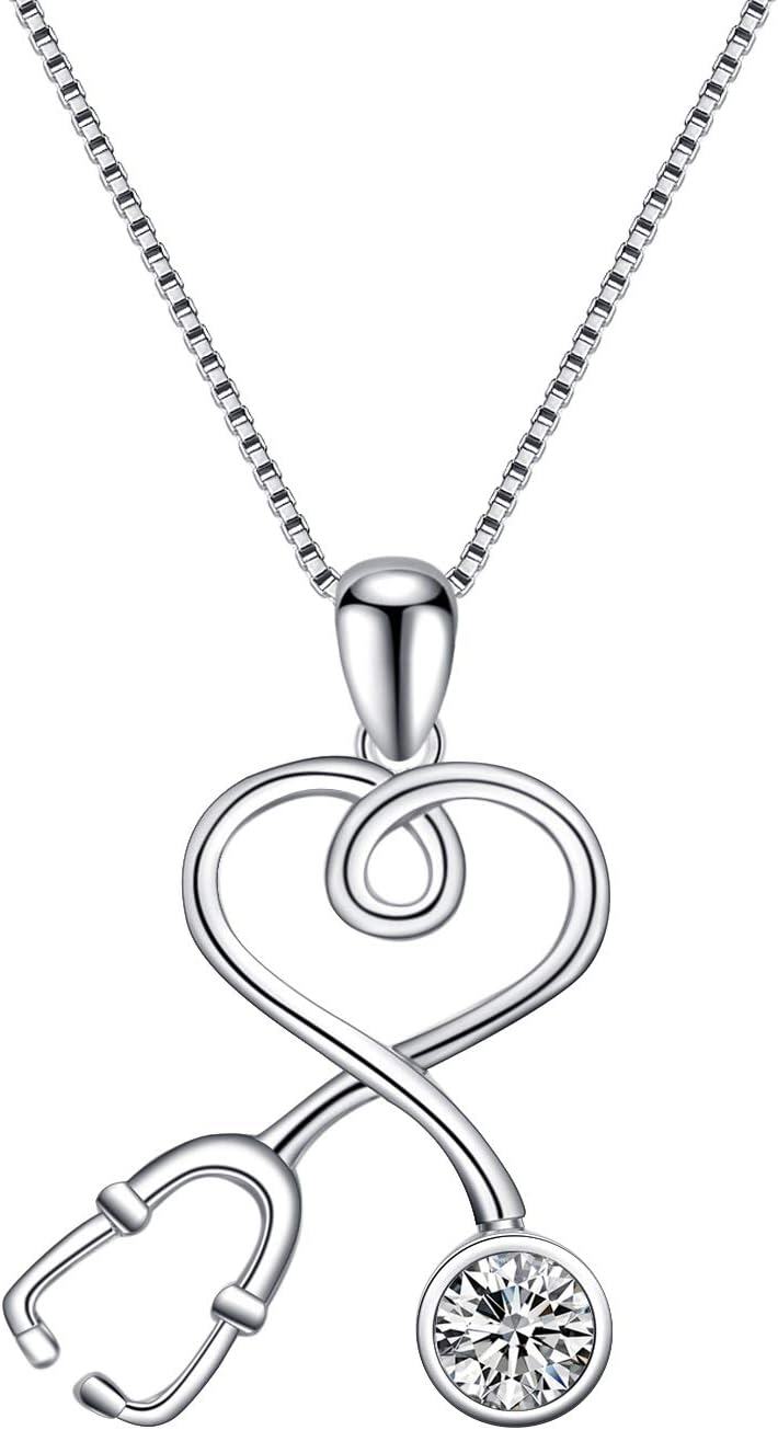 Sterling Silver Stethoscope Necklace w 12 Austria Birthstone Crystals Med Grad Gift-925 Silver - Clear