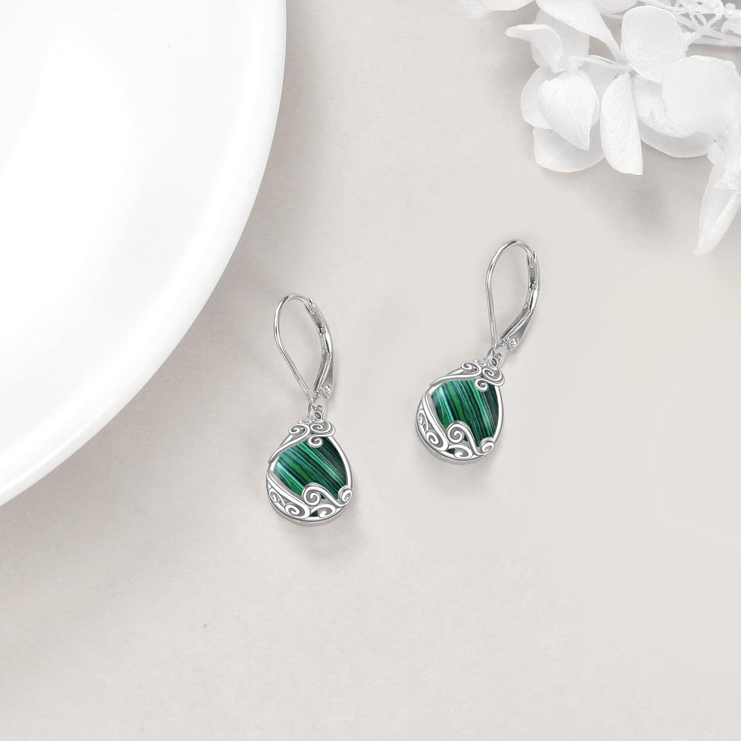 925 Sterling Silver Malachite Leverback Teardrop Dangle Earrings for Women-0-3