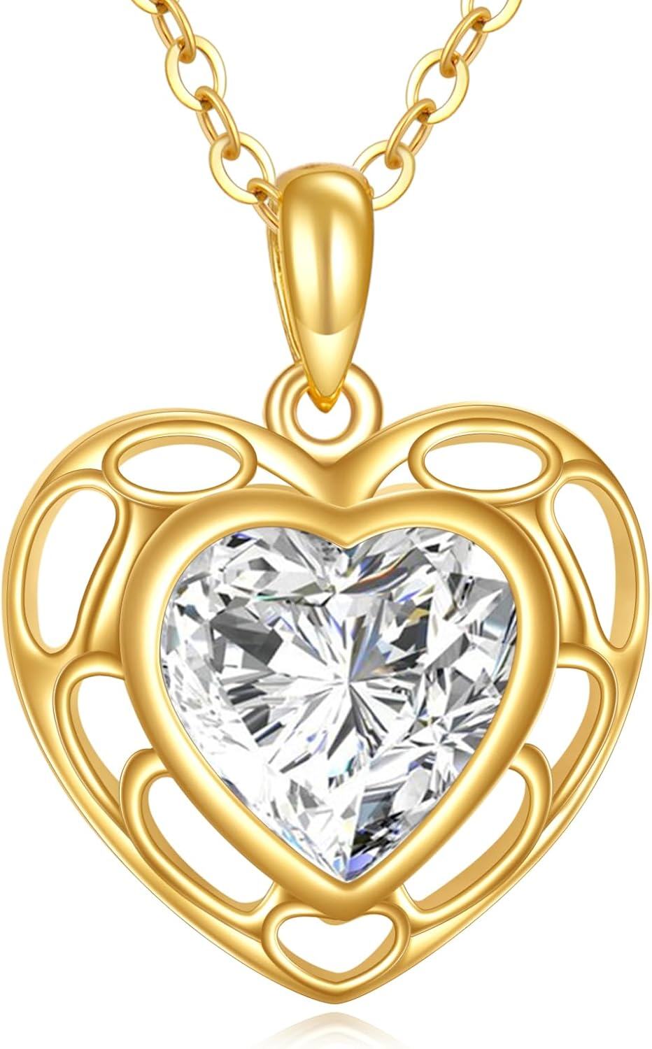 14K Yellow Gold Moissanite 2ct Heart Pendant Necklace Dainty Gift for Women-0-1