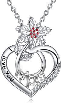 wholesale 925 Sterling Silver I Love You Mom Heart Pendant Necklaces with Red Crystal Flowers and Cubic Zirconia Stones Gifts for Mother's Day Birthday Christmas Anniversary-12-December-Holly