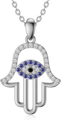 wholesale 14K Gold Sapphire Hamsa Evil Eye Pendant Necklace for Women 18 -White Gold
