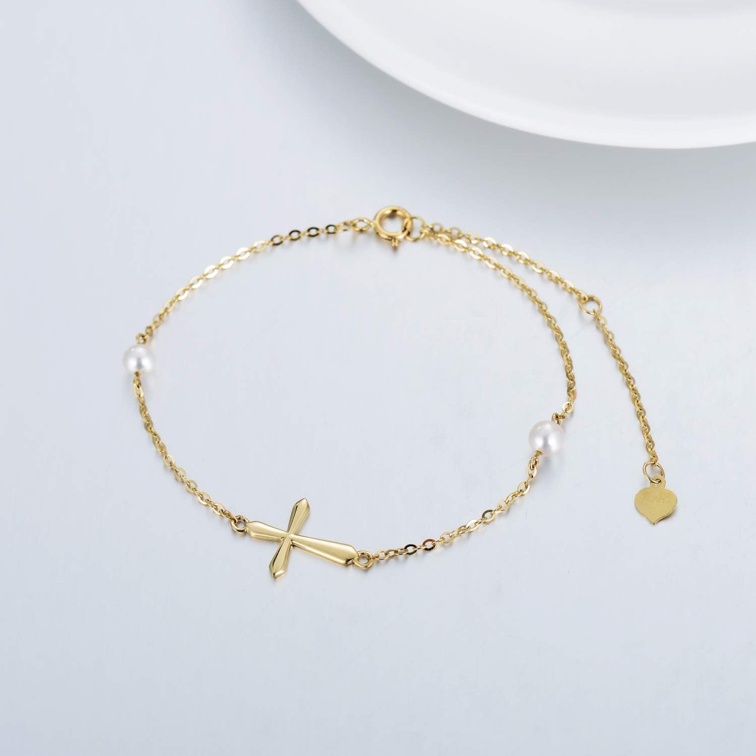 wholesale 14K Gold Chain with Pearl and Cross Charm Bracelet for Women - Confirmation Gift Idea-0-3