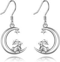 wholesale 925 Sterling Silver Rabbit Moon Earrings with Star Accents - Hypoallergenic Nickel-Free Dangle Earrings for Women Girls - Cute Bunny Jewelry Gift for Christmas Birthday Anniversary-Silver-Rabbit