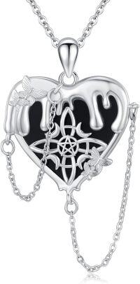 wholesale 925 Sterling Silver and Black Onyx Gothic Butterfly Pentagram Heart Pendant Necklace-Witches Knot