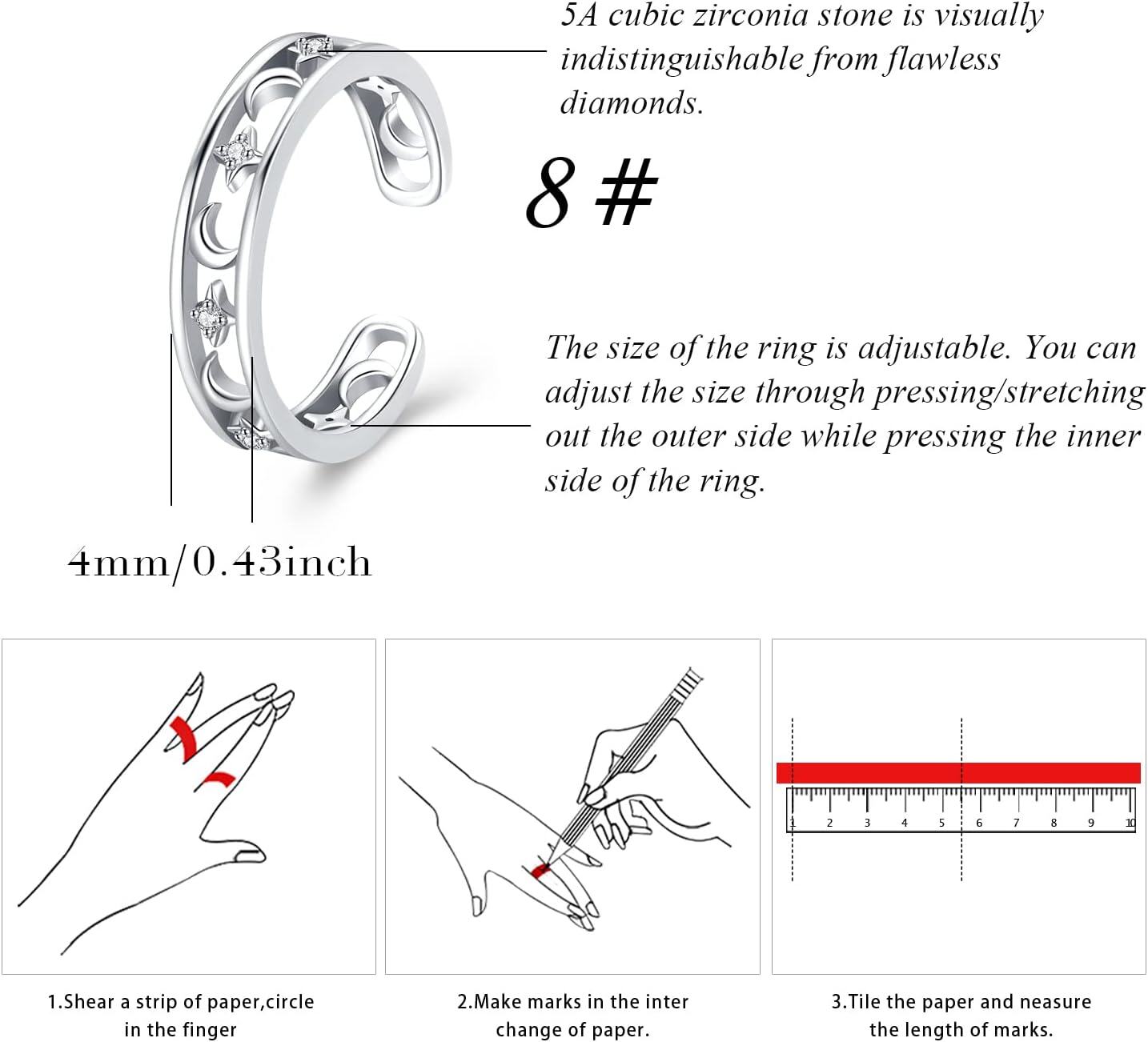 Sterling Silver Adjustable Open Ring Trendy Jewelry Gift for Women Christmas Birthday Engagement Wedding-0-6