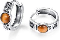 wholesale 925 Sterling Silver Celtic Knot Tiger Eye Stone Punk Rock Hoop Earrings for Men & Women (Hypoallergenic)-Yellow tiger eye Celtic hoops