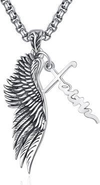 wholesale 925 Sterling Silver Angel Wing Pendant on Rolo Chain Faith Charm Necklace for Men 24+2-Wing (Faith)