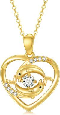 wholesale 14K Gold Diamond Dolphin Heart Pendant Necklace 16-18 Gifts for Her-Dolphin-Love Knot