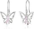 wholesale 925 Sterling Silver Butterfly Pink Ribbon Breast Cancer Awareness Drop Earrings-0-0