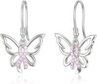 wholesale 925 Sterling Silver Butterfly Pink Ribbon Breast Cancer Awareness Drop Earrings-style 4