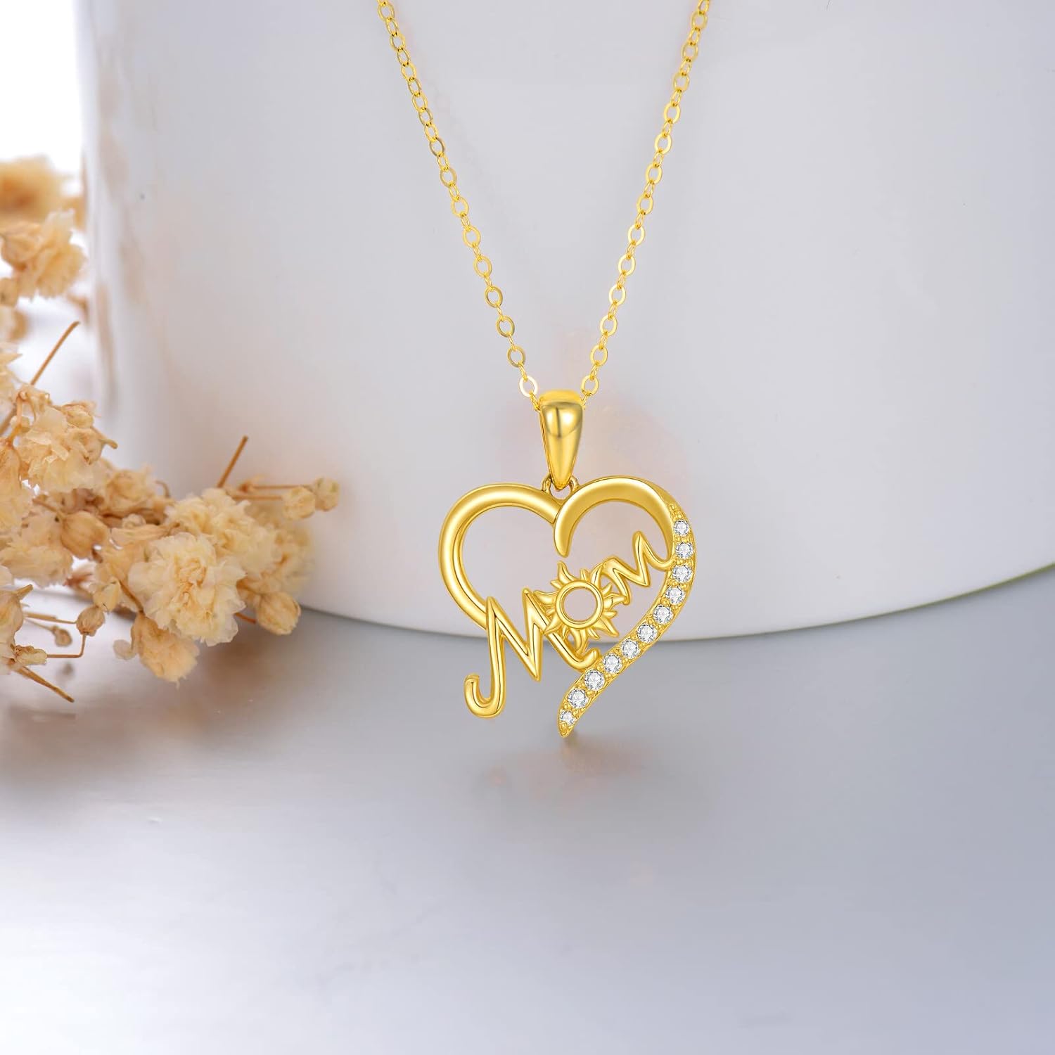 wholesale 14K Gold Mom Heart Pendant Necklace with Cubic Zirconia - Mother's Day Gift for Mom/Wife/Friend/Her-0-3