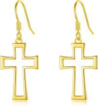wholesale Gold 925 Sterling Silver Hypoallergenic Long Cross Dangle Earrings for Women Christian Religious Gifts-Gold