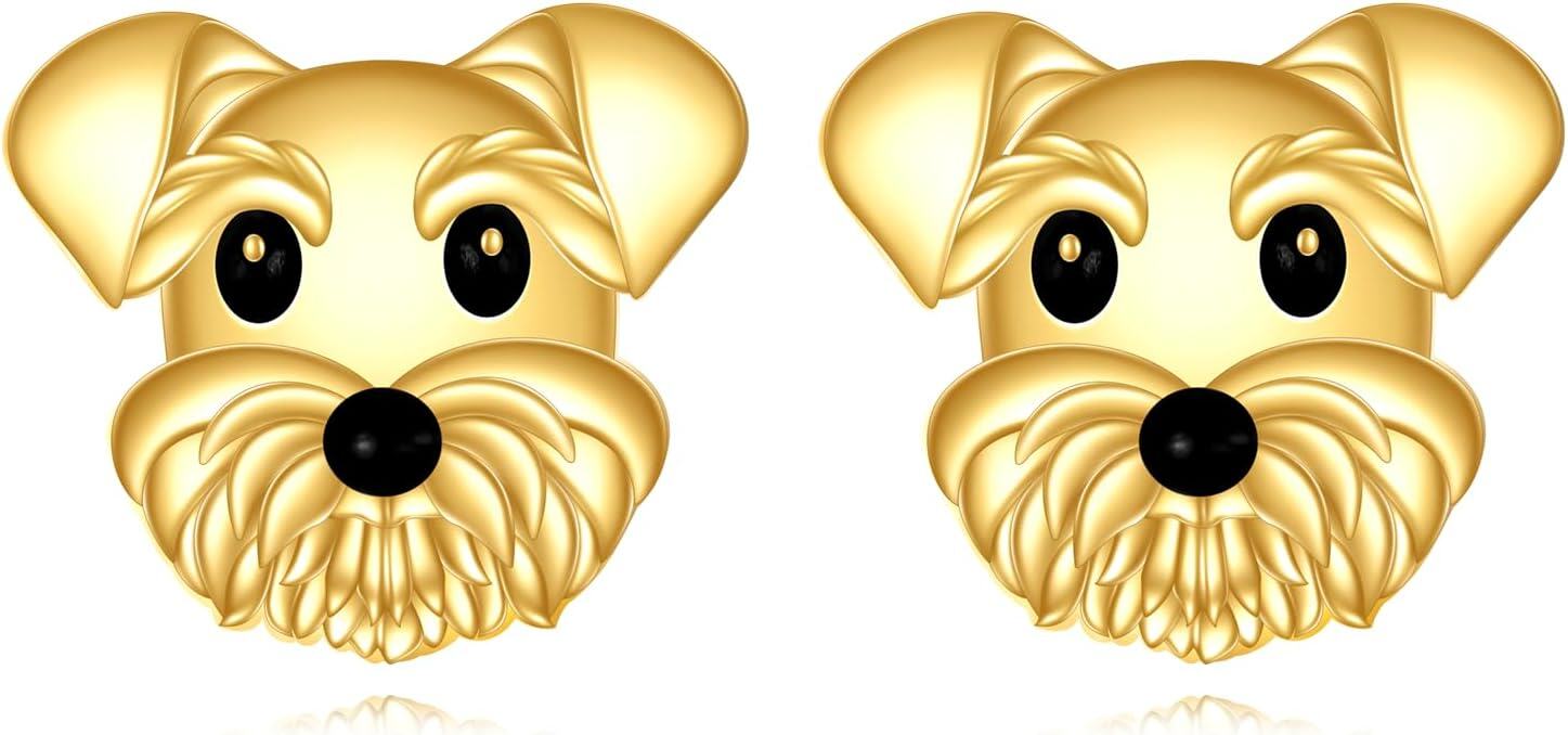 14K Gold Moon Stone Animal Earrings Solid Gold Studs for Women Real Jewelry Gifts-Schnauzer