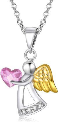 wholesale Sterling Silver Crystal Guardian Angel Necklace Women s Birthday Jewelry Gift-Pink