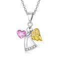 wholesale 925 Sterling Silver Red Heart & Gold Wings Guardian Angel Pendant Necklace for Women's Birthdays Gifts-0-12