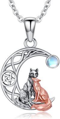 wholesale 925 Sterling Silver Red and White Fox Crescent Moon Star Pendant Necklace-Fox-2