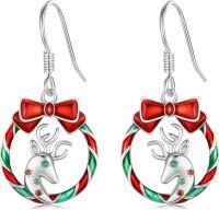 wholesale 925 Sterling Silver Metal Christmas Wreath Bow Reindeer Drop Earrings for Women-Reindeer