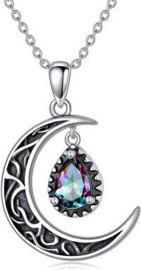 wholesale Sterling Silver Emerald Red Purple Black Rainbow Topaz Green Aquamarine Blue Moss Agate Celtic Moon Teardrop Necklace-Rainbow Topaz