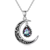 wholesale 925 Sterling Silver Crescent Moon with Amethyst Pendant Necklaces for Women s 45cm Chain Length-Rainbow Topaz