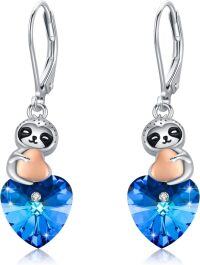 wholesale 925 Sterling Silver Blue Crystal Heart Sloth Drop Earrings-Sloth #1