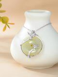 wholesale 925 Sterling Silver Double Hummingbird Green Jade Donut Pendant Necklace Platinum Plated-0-5