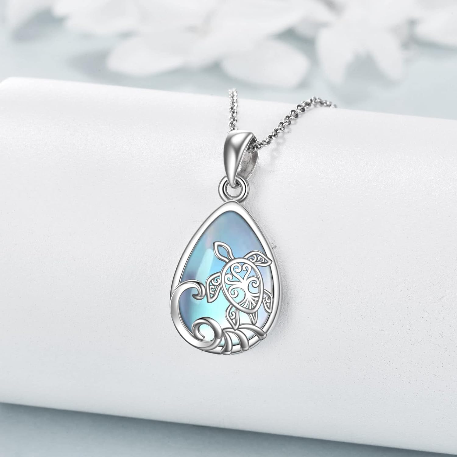 wholesale 925 Sterling Silver Teardrop Blue Shell Turtle Pendant Necklace-0-2