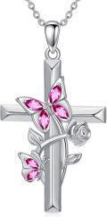 wholesale 925 Sterling Silver Pink Crystal Butterfly & Rose Cross Pendant Necklace Gift for Mom Wife Grandmother-0-0