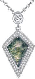 wholesale 925 Sterling Silver Green Moss Agate Cubic Zirconia Hexagon Kite Shape Pendant Necklace for Women-0-0