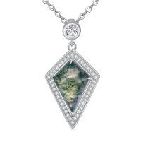 wholesale 925 Sterling Silver Zircon Accent Green Moss Agate Pendant Necklace-Kite-shaped