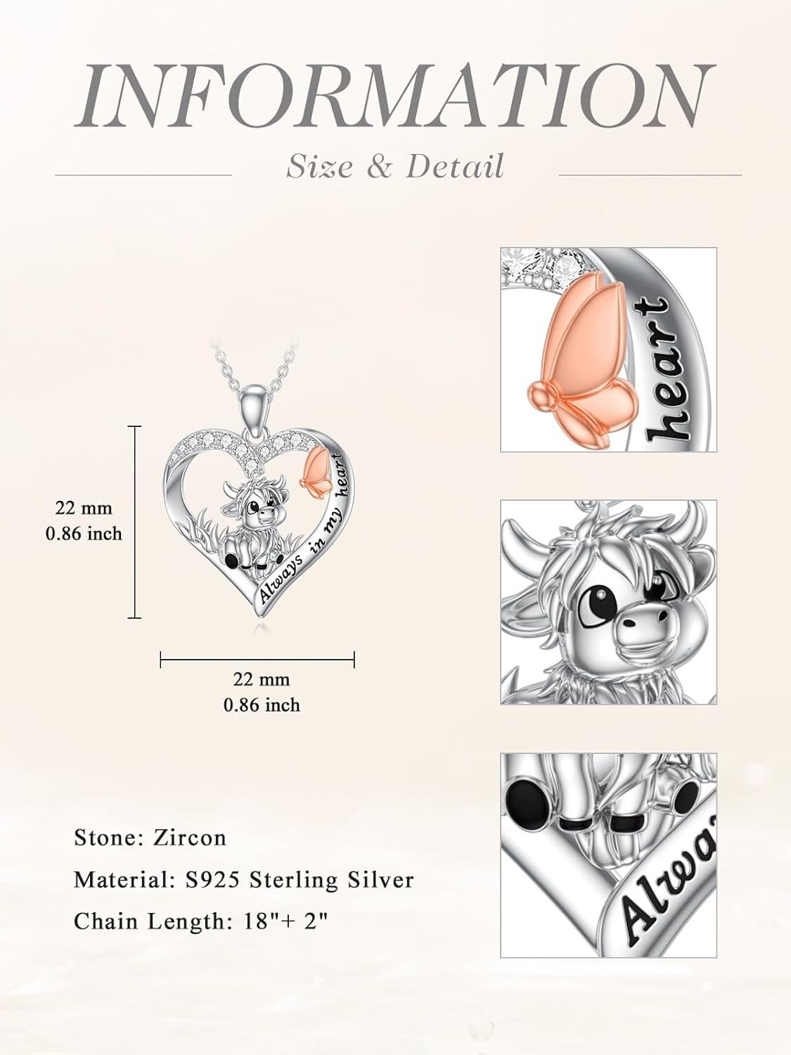925 Sterling Silver Cow Heart Pendant Necklace with Butterfly Charm and Cubic Zirconia Stones Gifts for Women-0-3