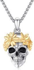 wholesale 925 Sterling Silver Sunflower Skull Pendant Gothic Halloween Necklace for Women and Men-0-0