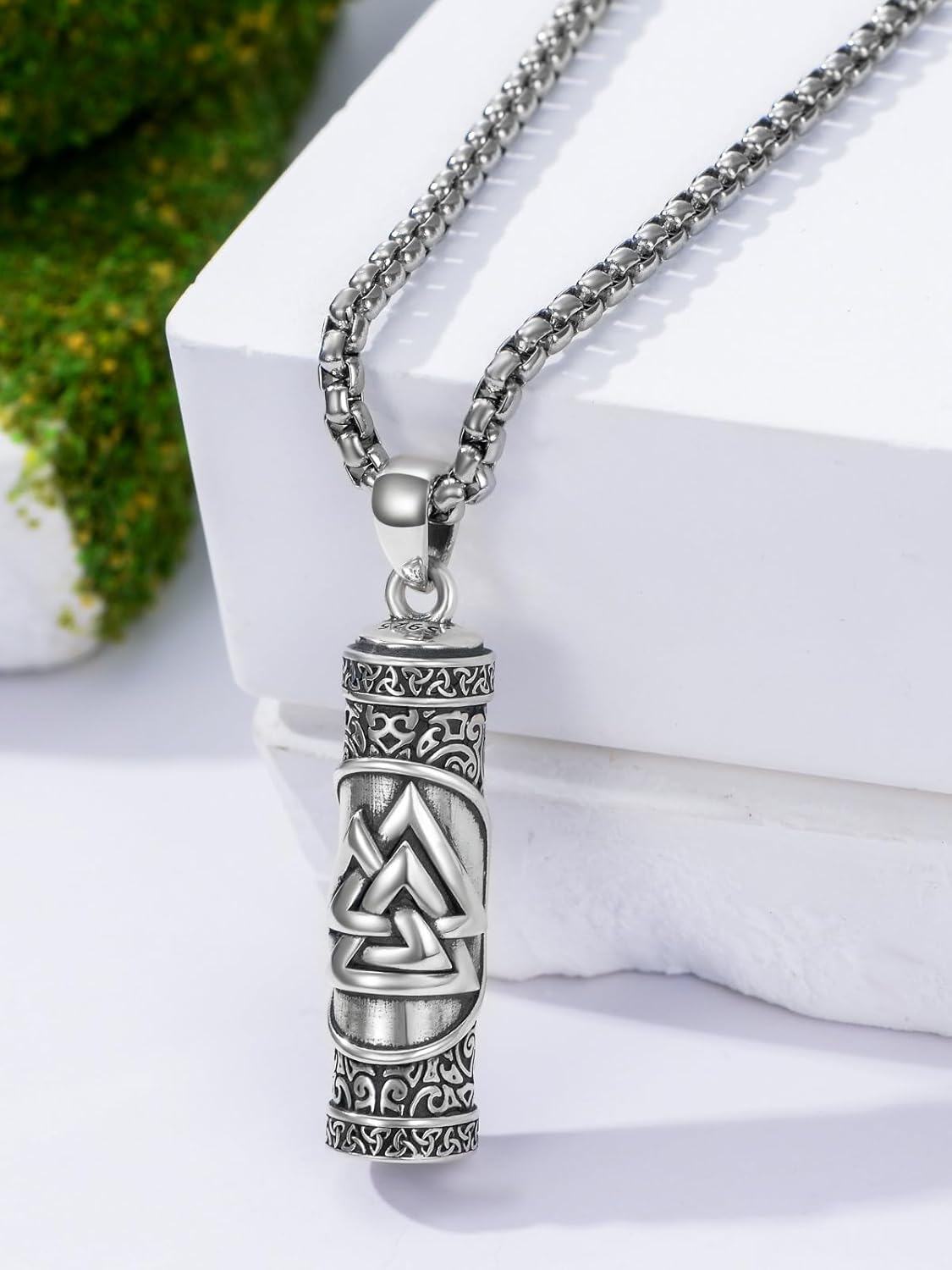 925 Sterling Silver Viking Valknut Cylinder Pendant with Funnel and Cleaning Brush Set - Memorial Keepsake Jewelry-0-3
