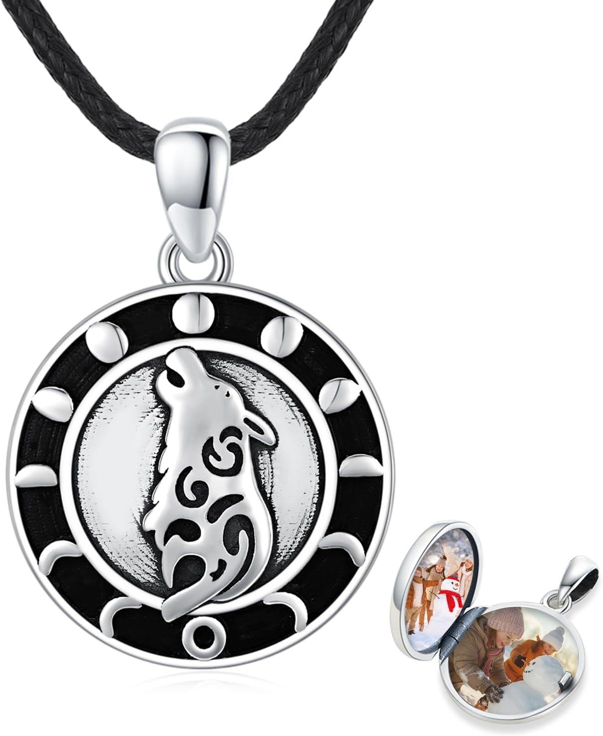 Sterling Silver Lotus Wolf Butterfly Flower Pendant Locket Necklace-Wolf