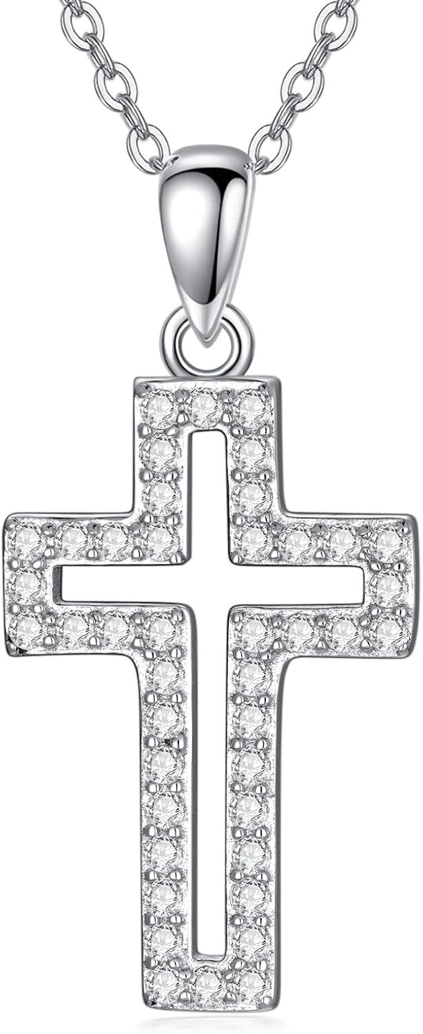 Sterling Silver 5A CZ Women s Cross Necklace 20 Adjustable Chain Baptism Gift-0-0