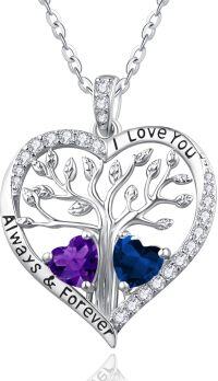 wholesale S925 Sterling Silver White Gold Plated 1Ct Amethyst & 1Ct Sapphire Tree of Life Heart Pendant Necklace for Women-02-09-Feb-Sept