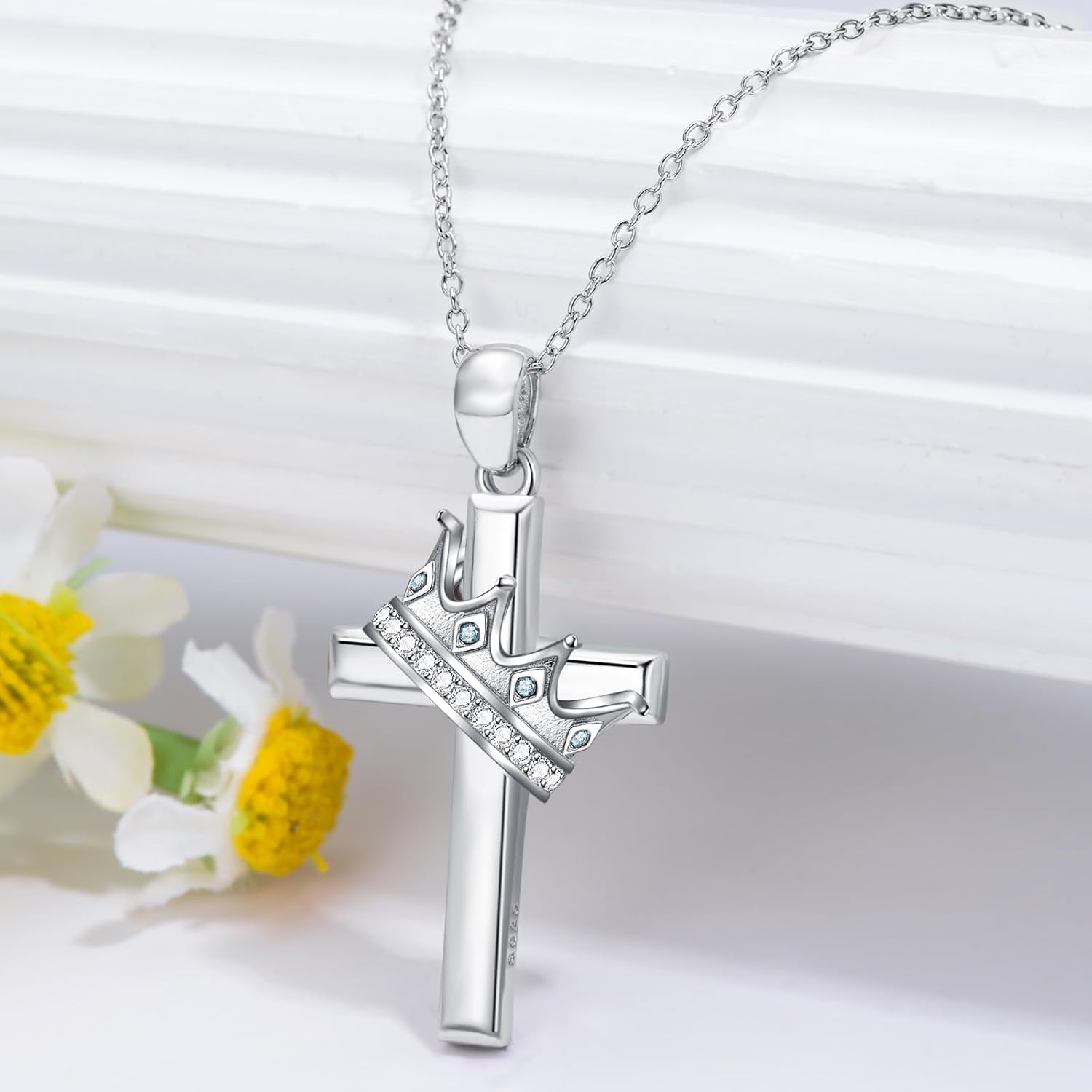 wholesale 925 Sterling Silver Birthstone Crown Cross Pendant Necklace for Women-0-3