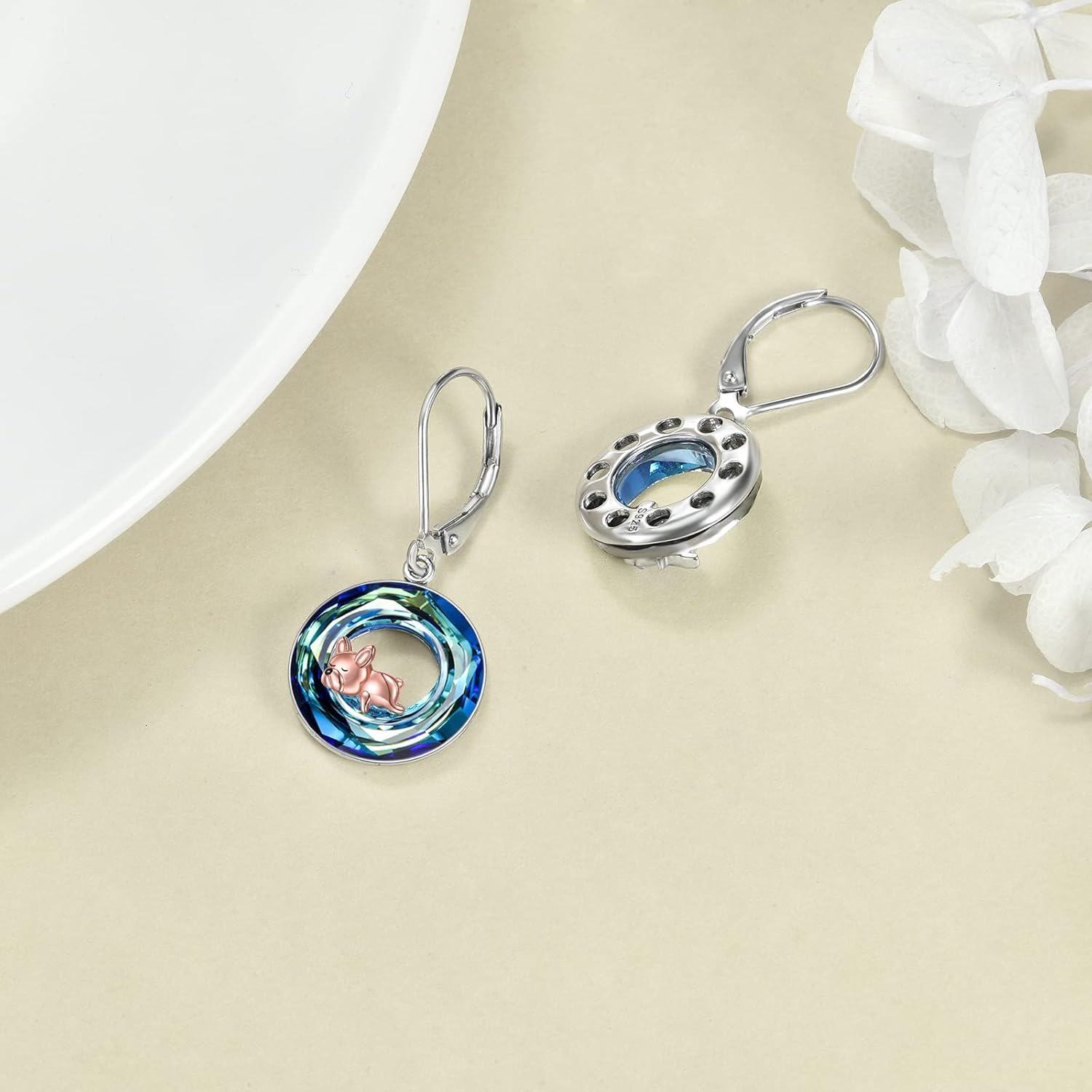Sterling Silver Blue Crystal French Bulldog Leverback Earrings for Women-0-2